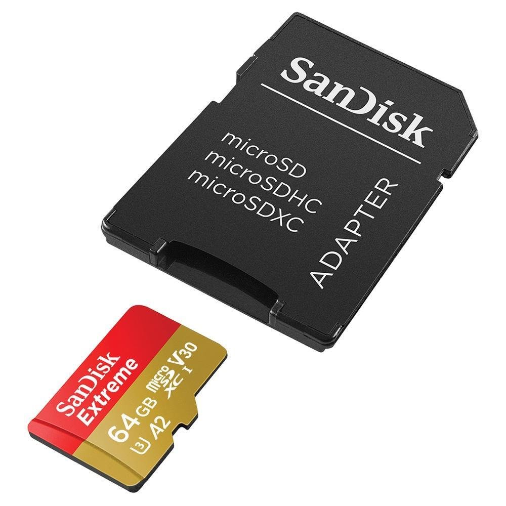Cartão Micro SD 64GB SanDisk Extreme com adaptador, captura de vídeo 4K UHD  e Full HD, SDSQXAH-064G-GN6AA