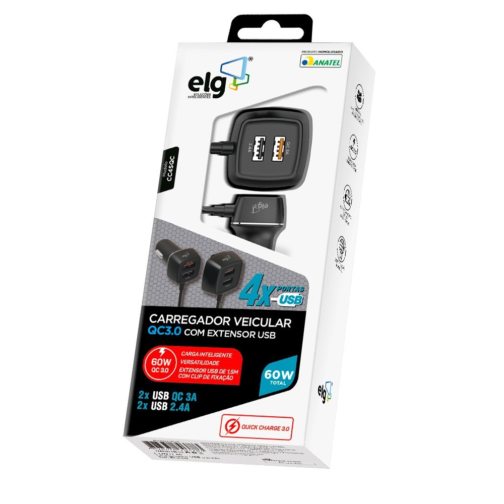 Carregador USB Veicular, 4 Portas USB, 60W Quick Charge, Preto